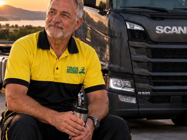 A Truck Moves driver in uniform beside a prime mover
