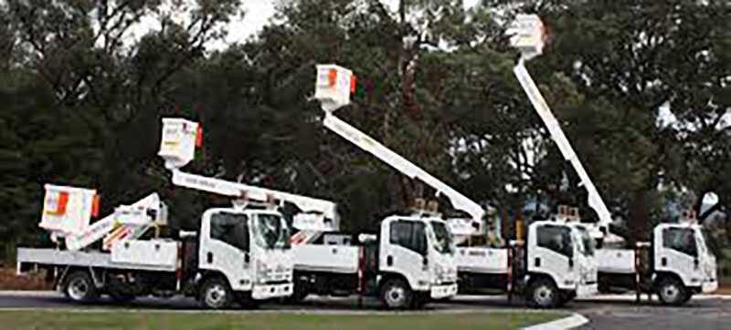 A line of new EWP cherry picker trucks